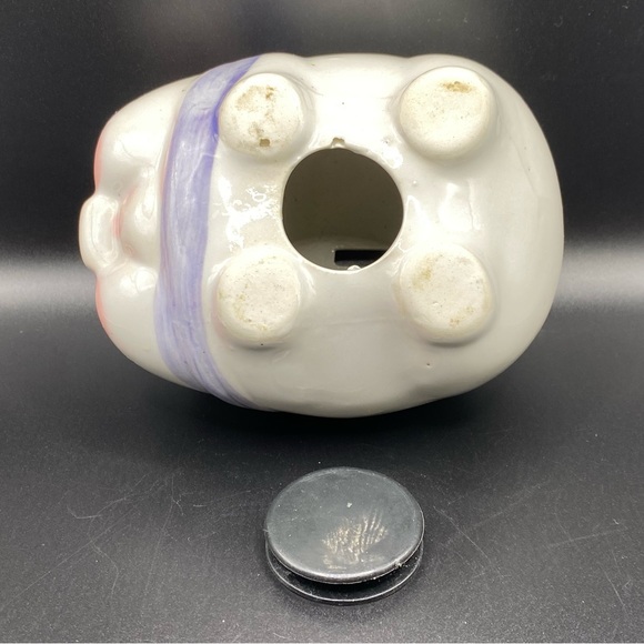 Vintage Ceramic Pig Piggy Bank Hand Painted Purple Pink Flowers And Bow - Picture 7 of 10